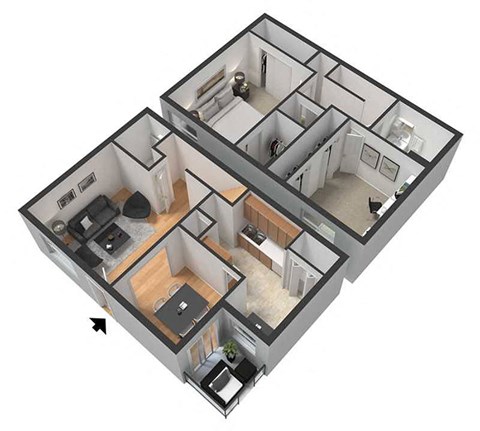 A 3D image of a house layout with a kitchen, living room, and bedrooms.